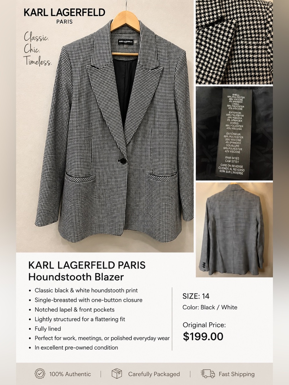 Karl Lagerfeld Paris Houndstooth Blazer Black White Size 14